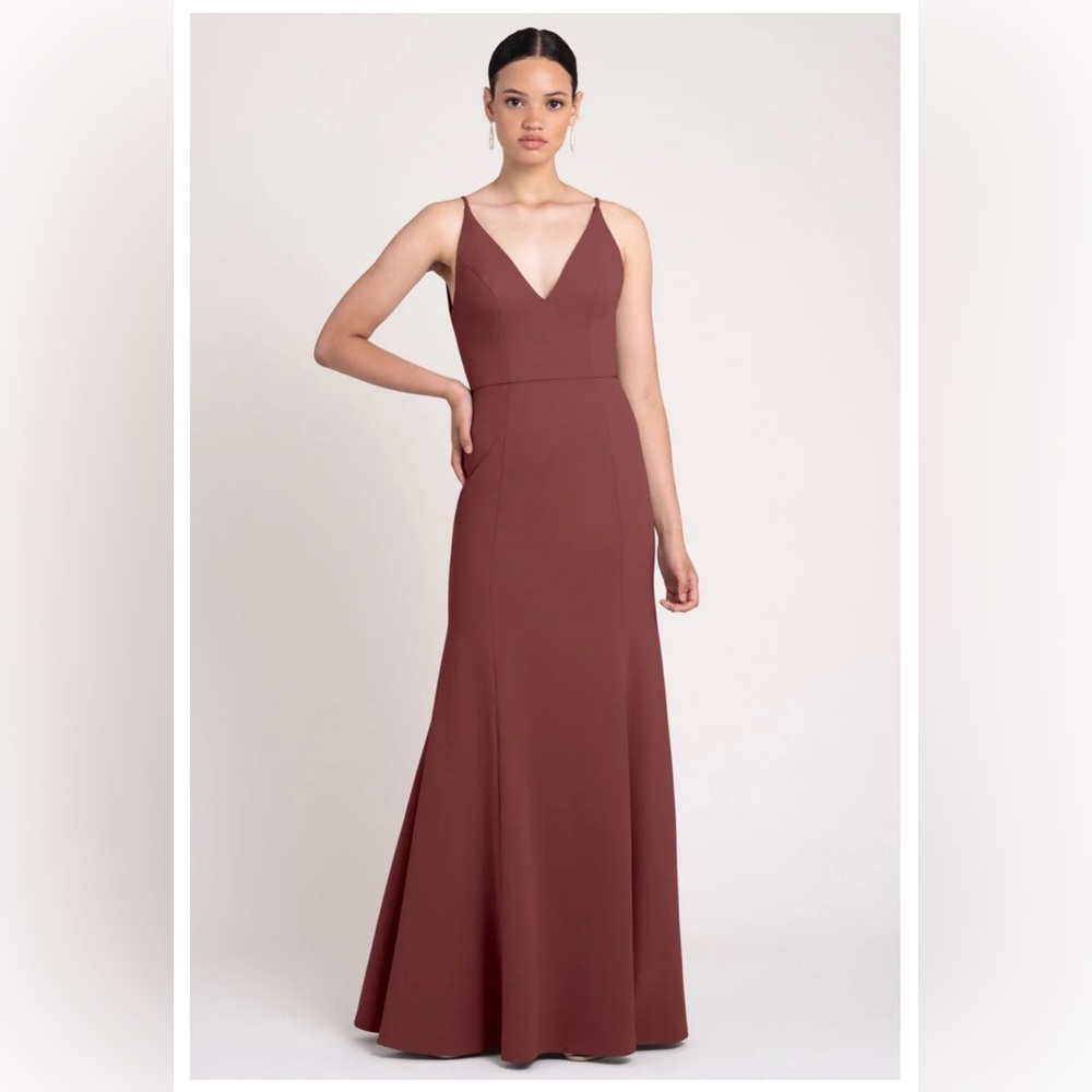 Jenny Yoo Maroon Maxi Bridesmaid Gown Spaghetti Strap V-Neck Size 14